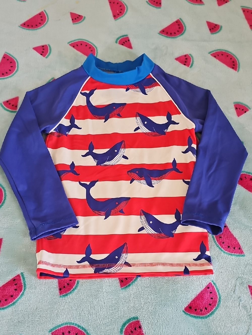 Boden Red, White & Blue Whale Stripe Long-Sleeve Rashguard